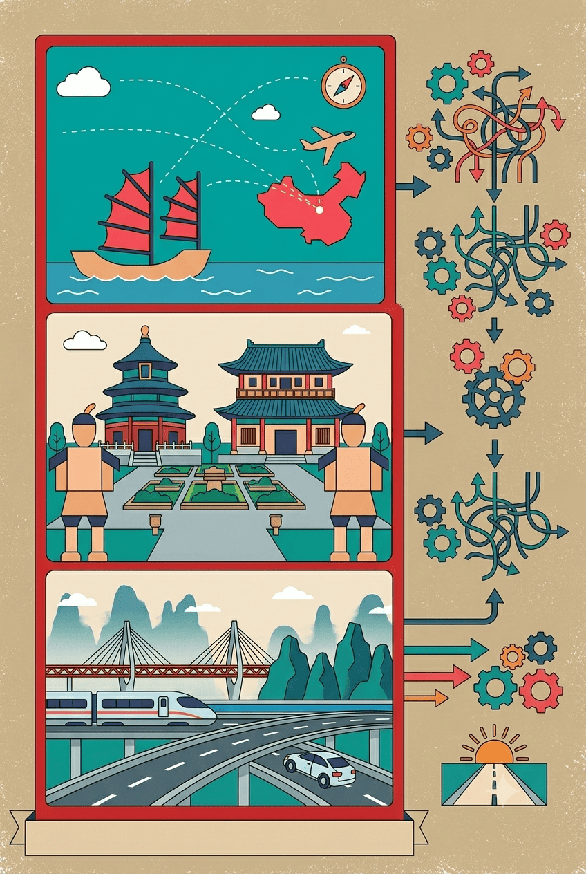 Esta imagen es una infografía vertical en estilo plano (flat design), diseñada sin texto, que utiliza un flujo visual para ilustrar cómo se resuelve la complejidad técnica y logística al planificar un viaje a China