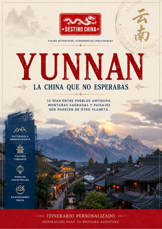 cartel promocional o portada de un itinerario de viaje en formato digital, diseñado para promocionar un paquete turístico a la provincia de Yunnan, China.