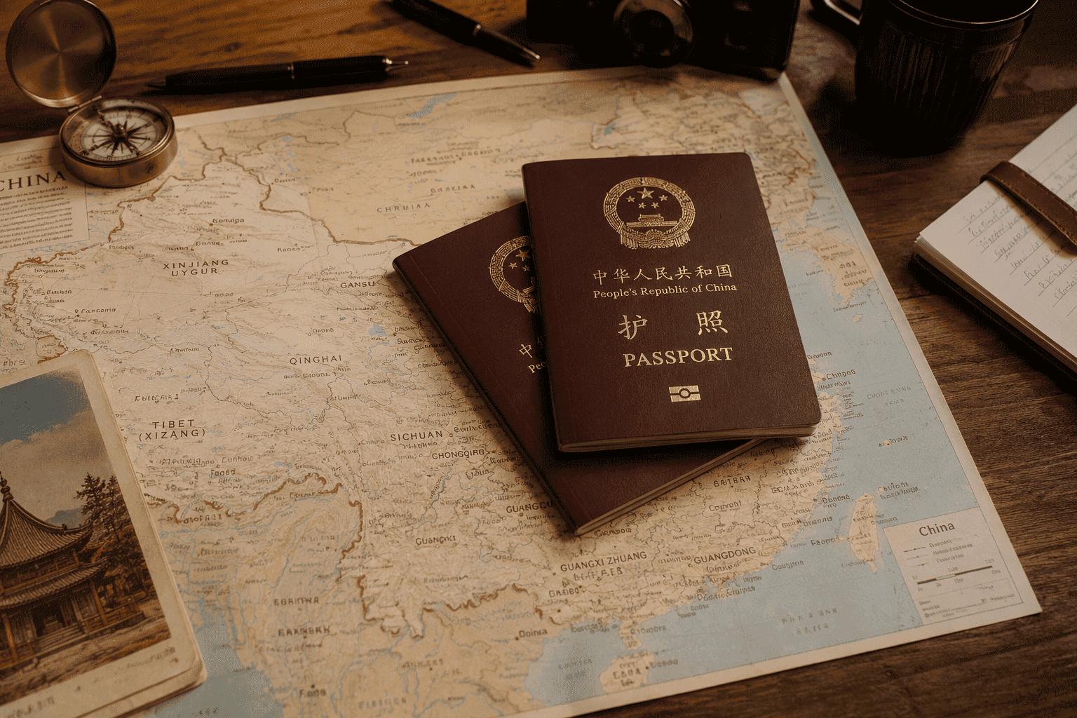 Fotografía realista de una mesa de madera con un mapa de China extendido y dos pasaportes chinos colocados encima, acompañados de una brújula, una cámara fotográfica, una libreta, un bolígrafo y una postal tradicional china, representando un concepto de viaje, turismo, documentación y planificación de rutas por China.