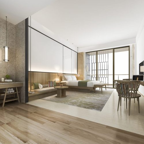 Esta imagen es un renderizado arquitectónico o fotografía de interiores en alta resolución que muestra una habitación de hotel de lujo moderna, diseñada con una marcada influencia de estilo minimalista oriental o zen.